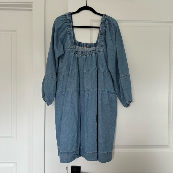 Free People (XL) Lou Jean Babydoll Dress- Tiered Denim Long Sleeve Mini Dress - Picture 2 of 8